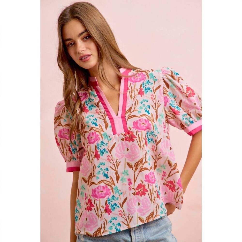 NEW BIBI flower printed woven contrast top in pink multi